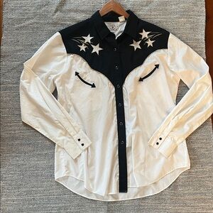 Western Pearl Snap Vintage Cowboy Shirt Black and White with Gold Trim